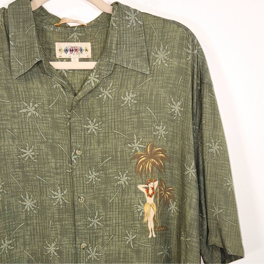 Campia Moda Men's L Green Rayon Hawaiian Tropical Hula Girl Button-Up Shirt